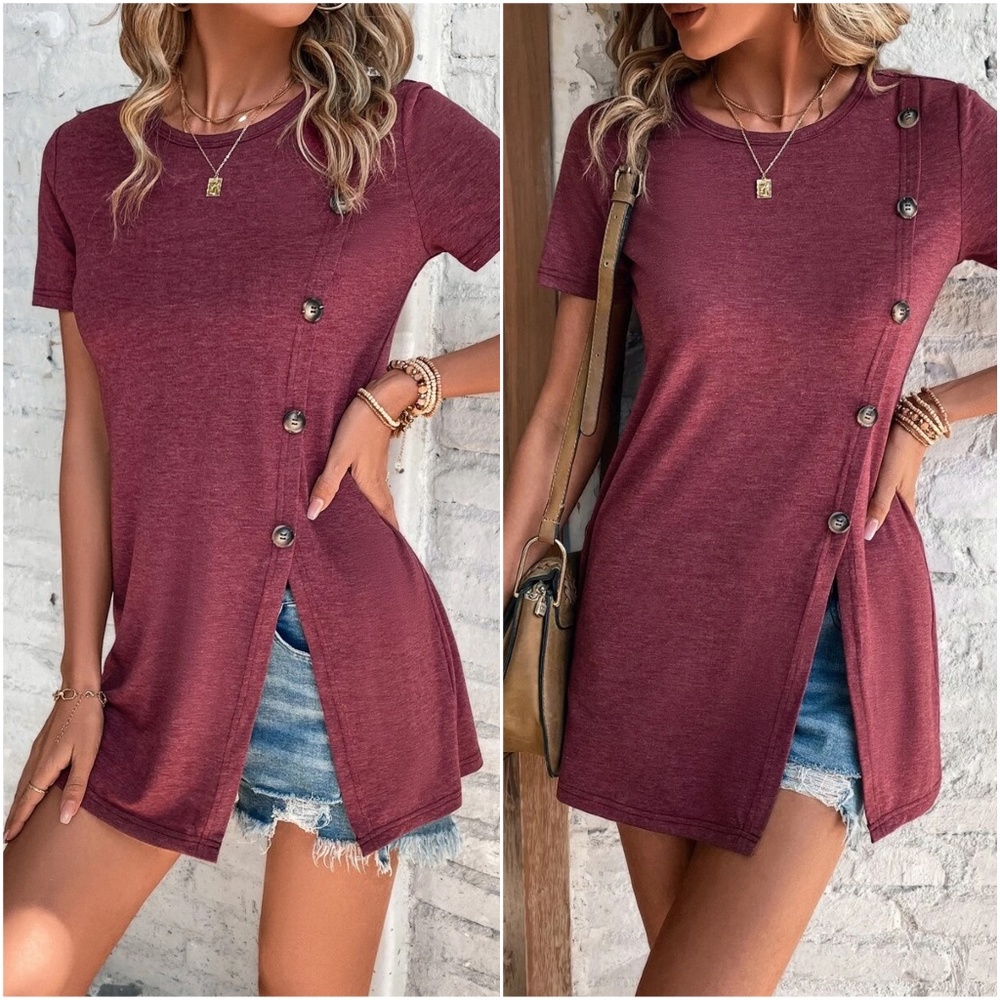 Burgundy Button Solid Tee - Picture 1 of 2